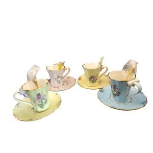 Bradford Edition 13 piece Vintage Teacup Set Blue, Green, Pink, and Yellow